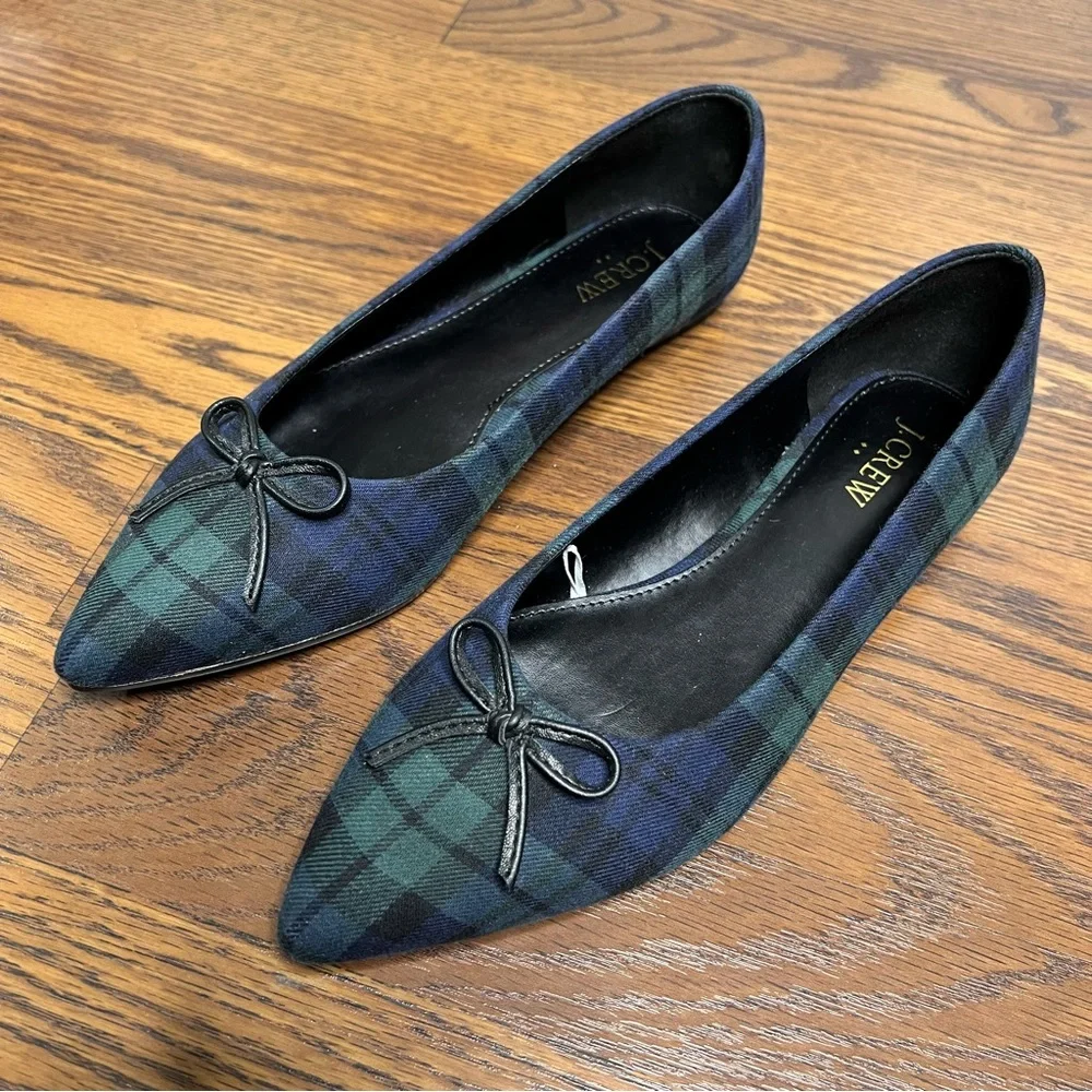 J.Crew Black Watch plaid tartan pointed-toe bow ballet flat size 8